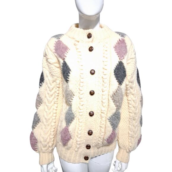 Vtg Standun Womens L Hand Knit Chunky Wool Ireland Fisherman Grandpa Sweater - Picture 6 of 12